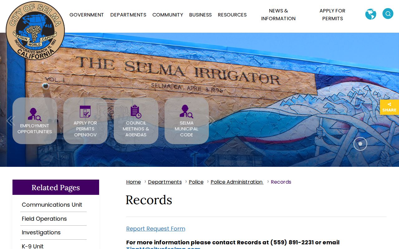 Selma people search information from the Police Records Division
